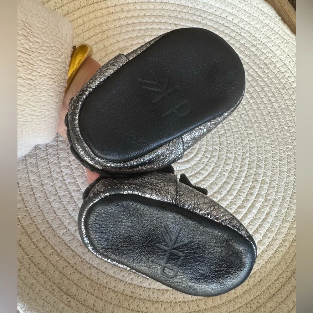Freshly picked metallic silver mocs newborn